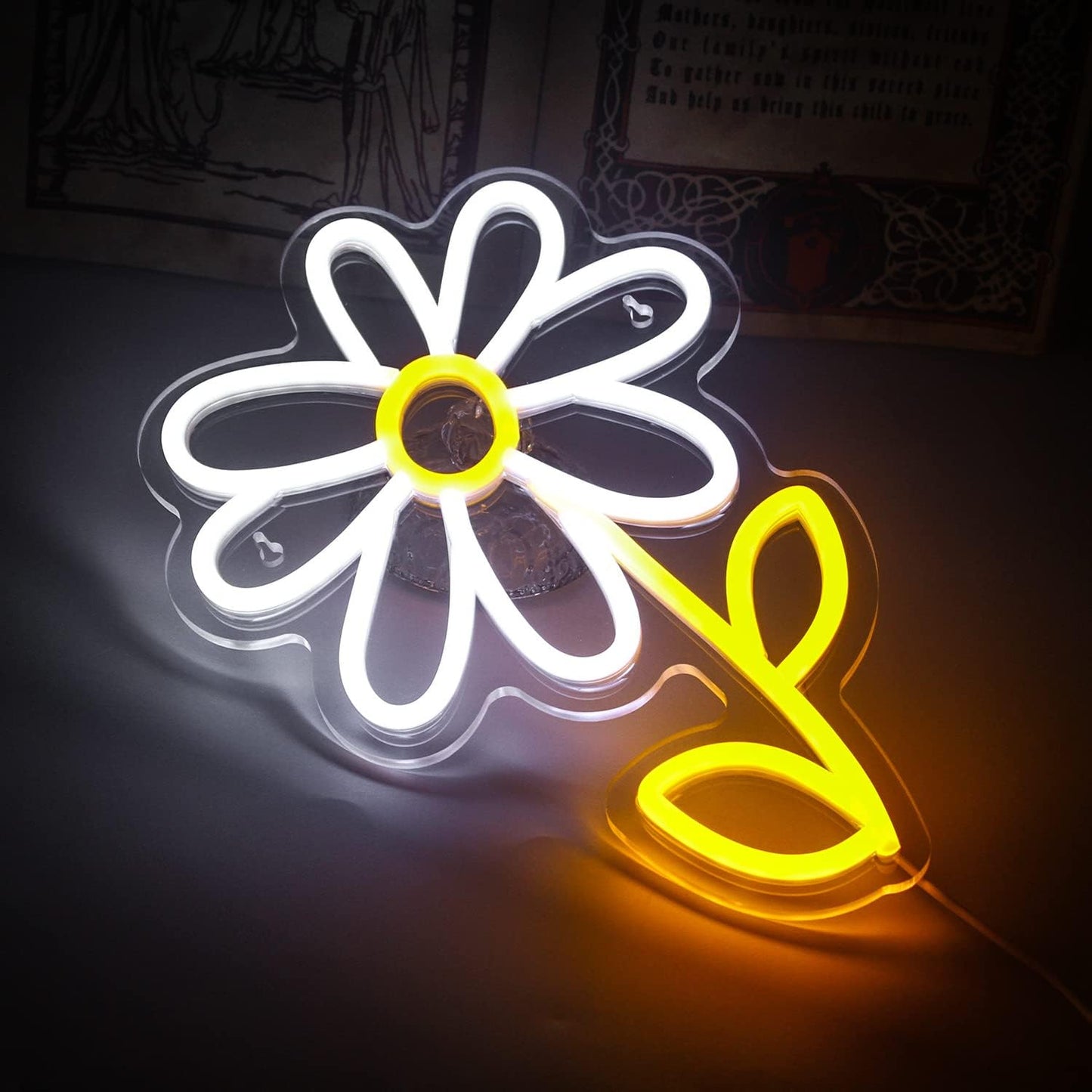 ineonlife Daisy Flower Neon Sign White Gold LED Neon Lights Boho Decor for Bedroom Wall Decor Led Sign Light Up for Room Decor Party Bedroom Classroom Wall Hanging Decoration Gifts
