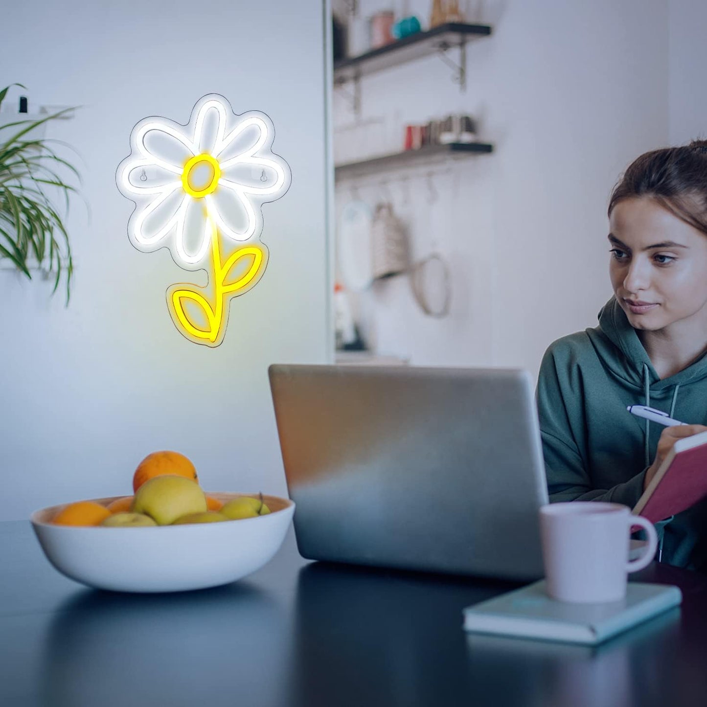 ineonlife Daisy Flower Neon Sign White Gold LED Neon Lights Boho Decor for Bedroom Wall Decor Led Sign Light Up for Room Decor Party Bedroom Classroom Wall Hanging Decoration Gifts