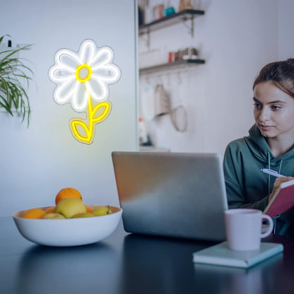 ineonlife Daisy Flower Neon Sign White Gold LED Neon Lights Boho Decor for Bedroom Wall Decor Led Sign Light Up for Room Decor Party Bedroom Classroom Wall Hanging Decoration Gifts