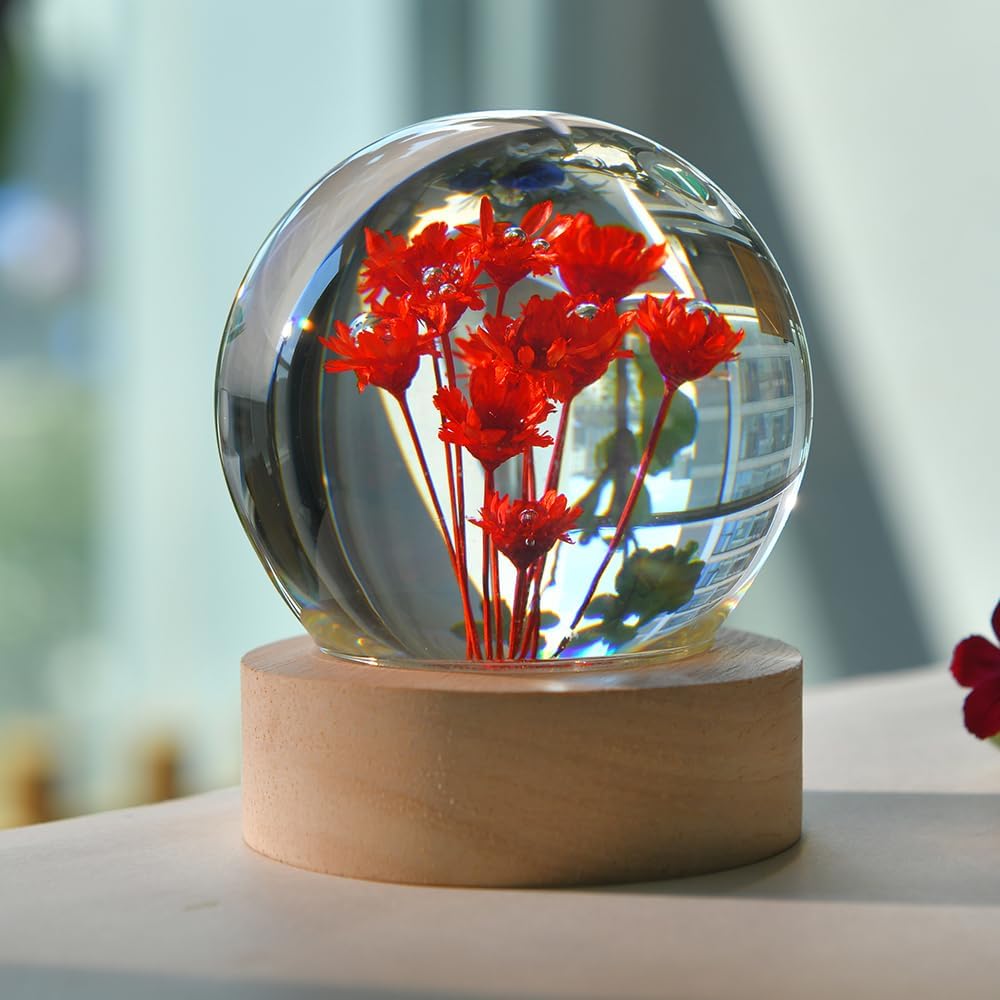 Daisy Gift 3D Crystal Ball for Her Women 2.56'' Red Daisies Gifts for Girl Mom with Lighting Base