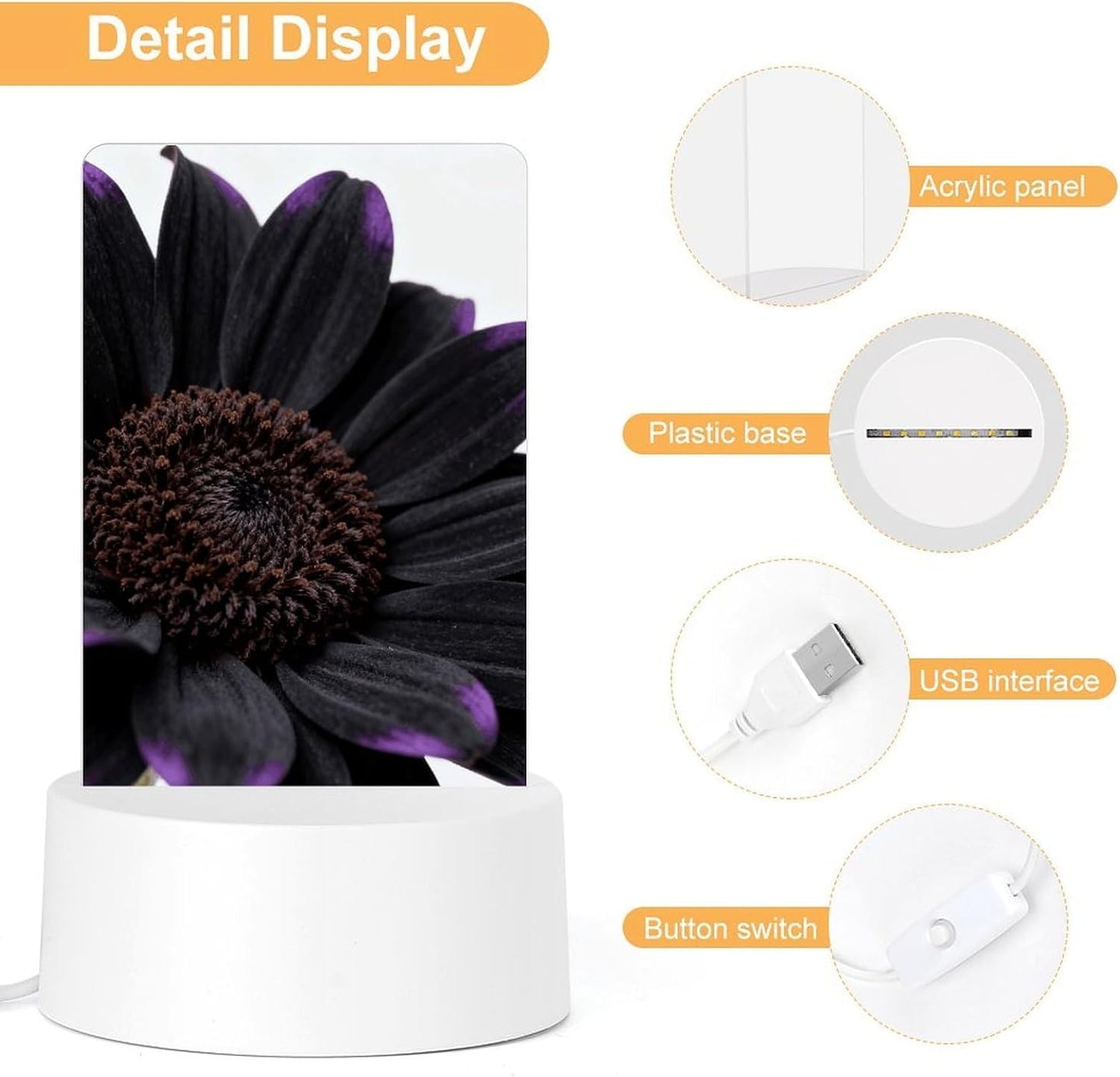 Black Daisy Night Light Designed Cute Acrylic Lamp Elegantly Soft Glow Led Bedside Light Plug Into Wall Nightlights Adjustable Brightness for Bathroom, Hallway, Bedroom
