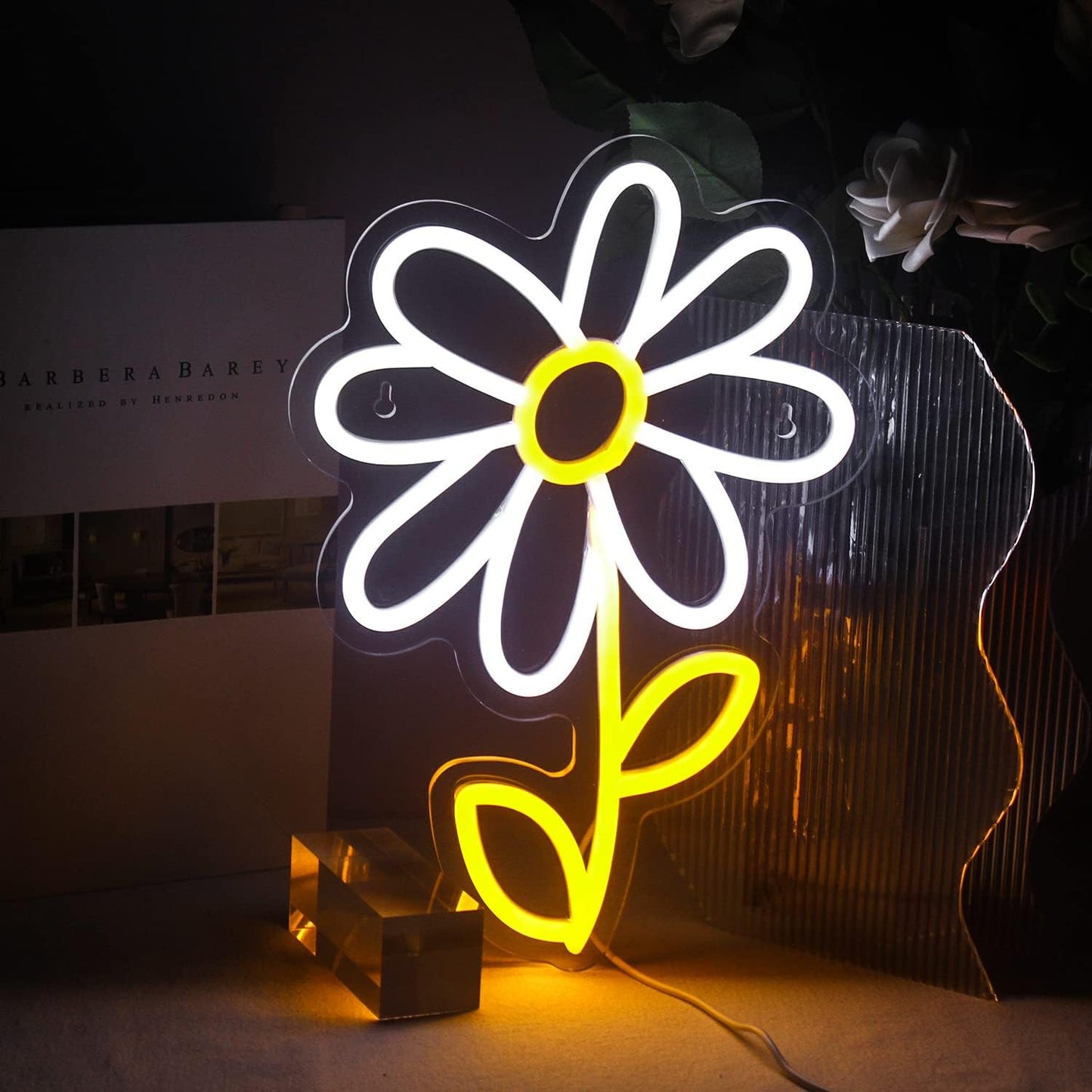 ineonlife Daisy Flower Neon Sign White Gold LED Neon Lights Boho Decor for Bedroom Wall Decor Led Sign Light Up for Room Decor Party Bedroom Classroom Wall Hanging Decoration Gifts