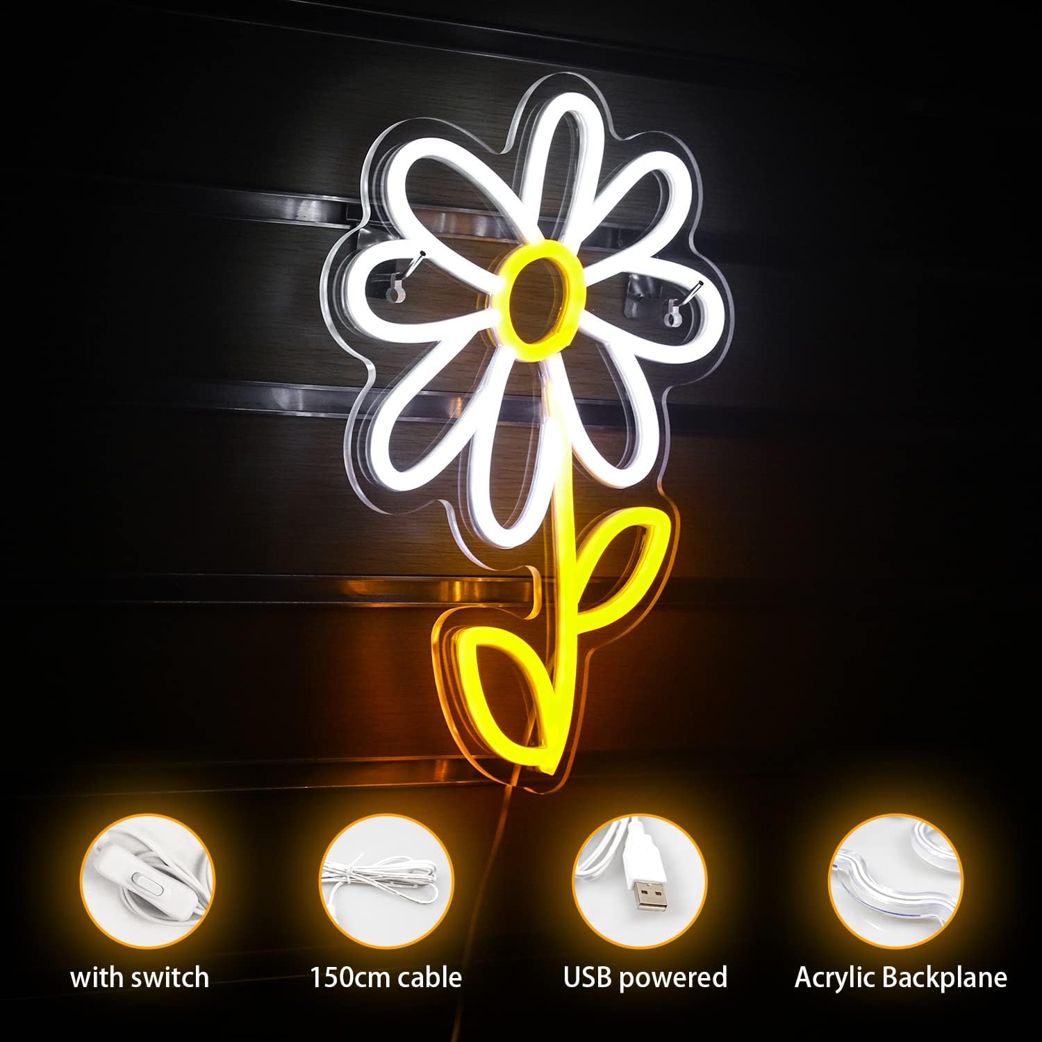 ineonlife Daisy Flower Neon Sign White Gold LED Neon Lights Boho Decor for Bedroom Wall Decor Led Sign Light Up for Room Decor Party Bedroom Classroom Wall Hanging Decoration Gifts