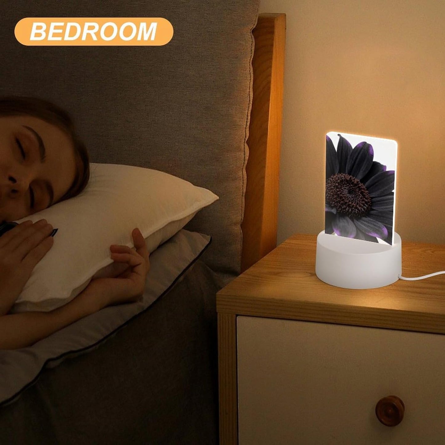Black Daisy Night Light Designed Cute Acrylic Lamp Elegantly Soft Glow Led Bedside Light Plug Into Wall Nightlights Adjustable Brightness for Bathroom, Hallway, Bedroom
