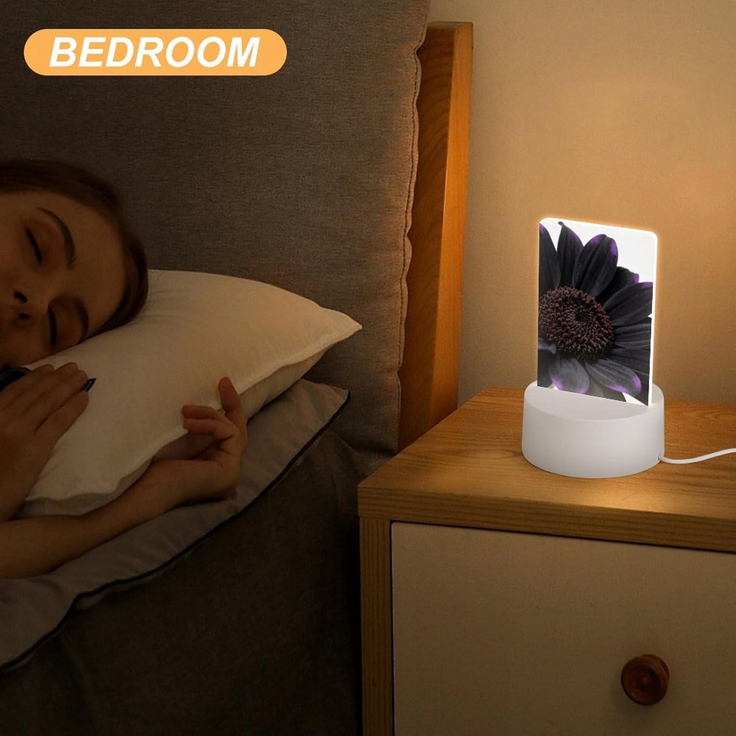 Black Daisy Night Light Designed Cute Acrylic Lamp Elegantly Soft Glow Led Bedside Light Plug Into Wall Nightlights Adjustable Brightness for Bathroom, Hallway, Bedroom
