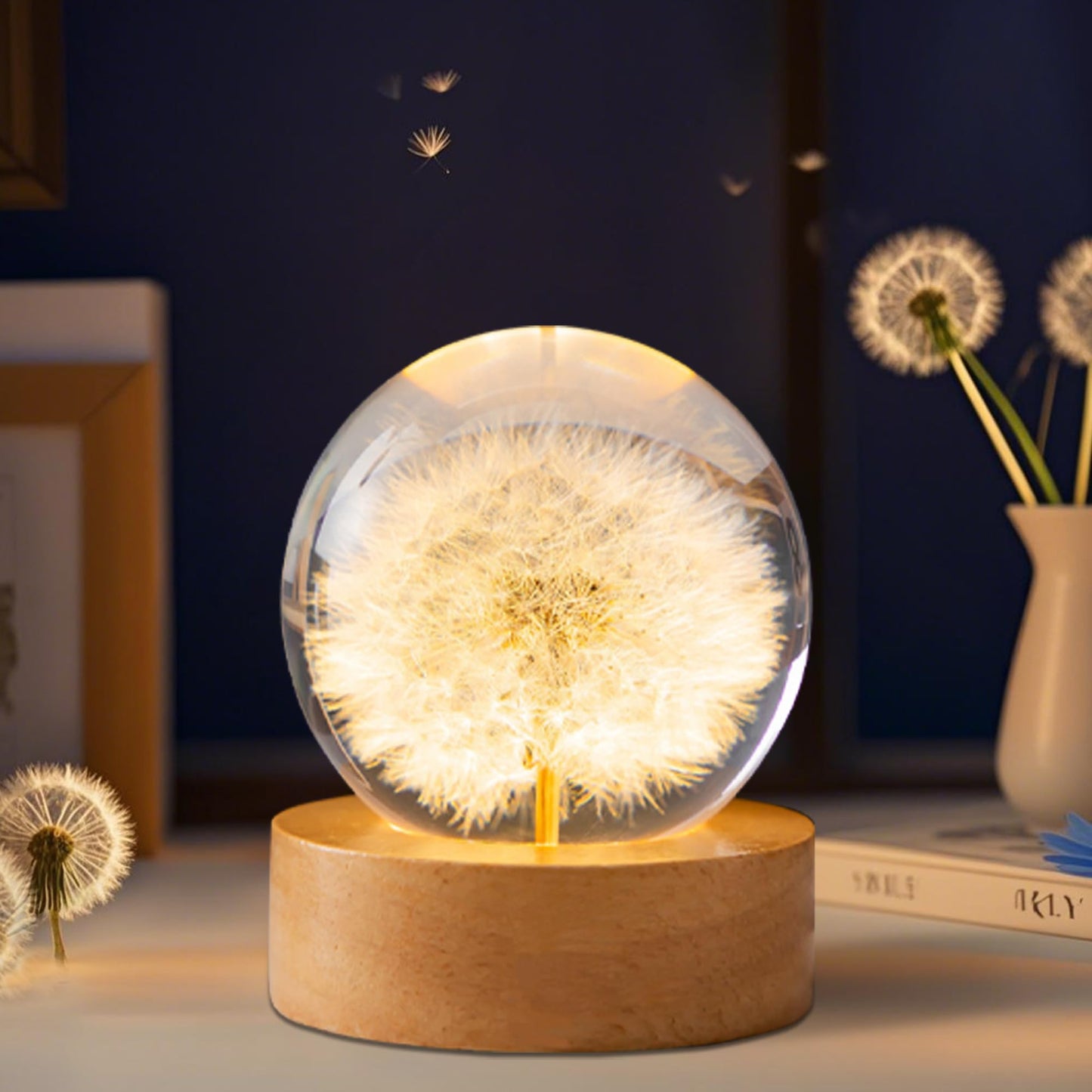 Daisy Decor Gifts,Daisy Flower Lamp Crystal Ball Night Light,2.4 Inch Glass Ball Lamp with LED Wooden Base,Soft Warm White Lighting for Women Best Friends Sister Birthday Xmas Aesthetic Gift(Yellow)