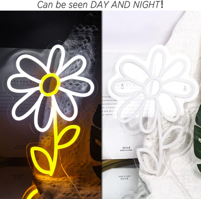 ineonlife Daisy Flower Neon Sign White Gold LED Neon Lights Boho Decor for Bedroom Wall Decor Led Sign Light Up for Room Decor Party Bedroom Classroom Wall Hanging Decoration Gifts