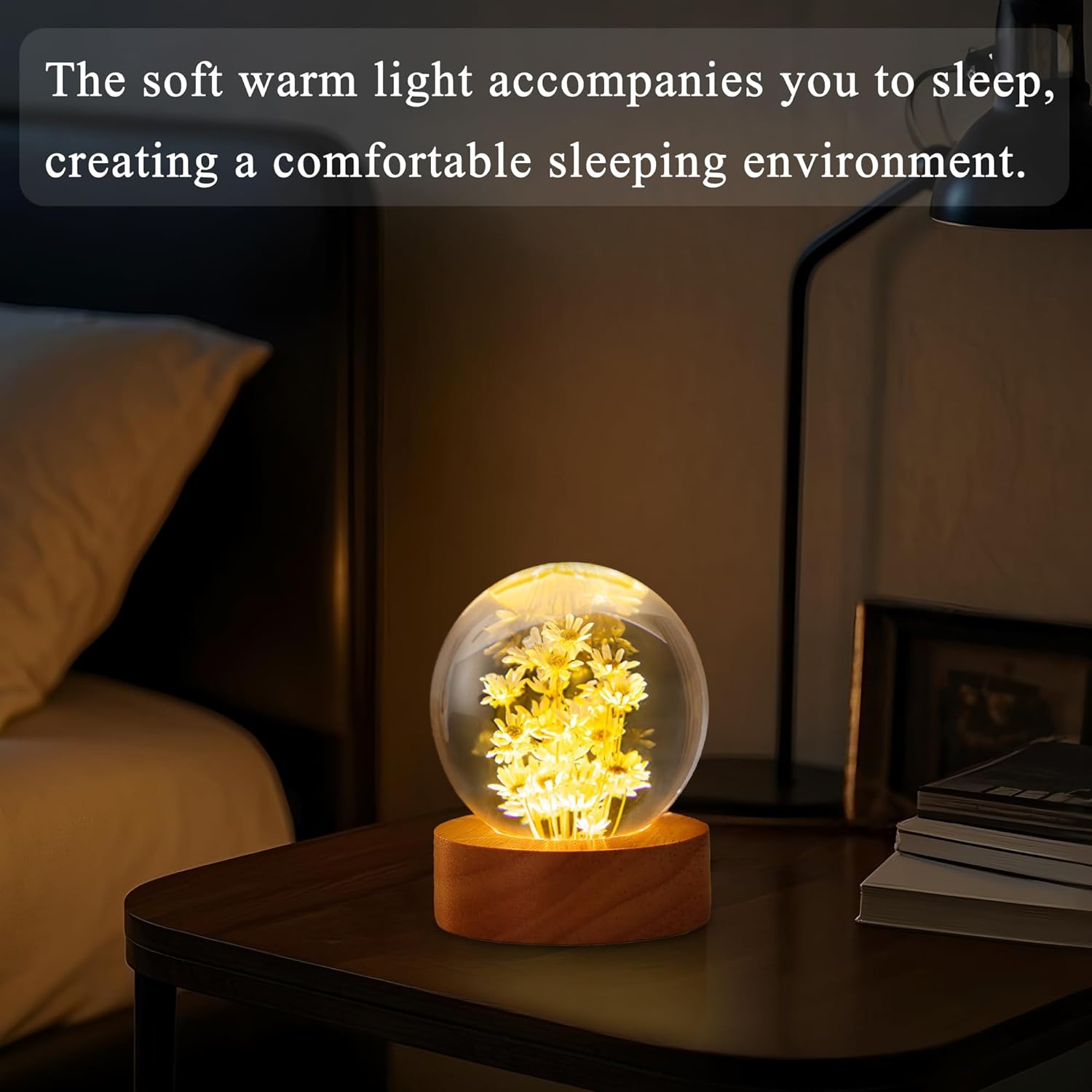 Daisy Decor Gifts,Daisy Flower Lamp Crystal Ball Night Light,2.4 Inch Glass Ball Lamp with LED Wooden Base,Soft Warm White Lighting for Women Best Friends Sister Birthday Xmas Aesthetic Gift(Yellow)